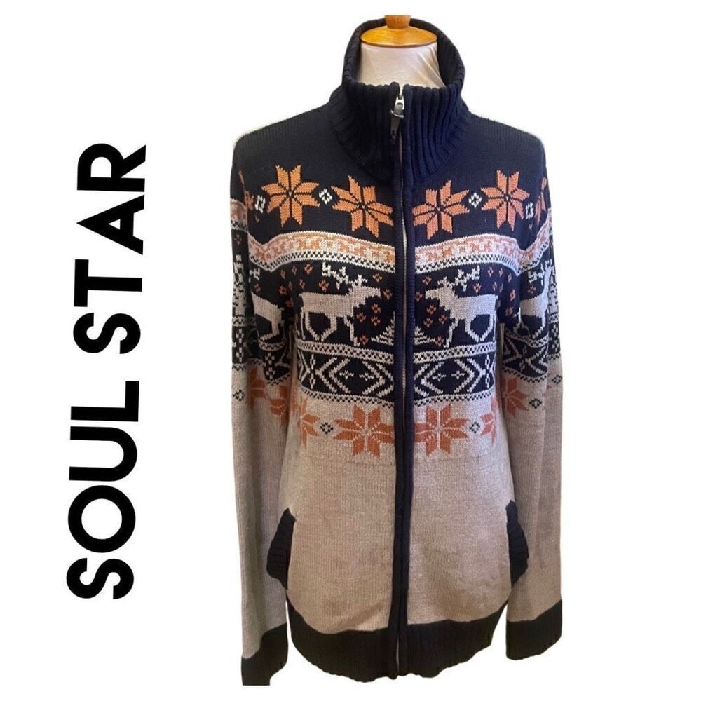 Soul Star Full Zip  Mock Collar Multi-Color Winter Design Cardigan Size X-Large